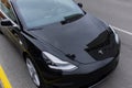 Brest, Belarus, March 03, 2020: Exterior Tesla Model 3 car was photographed in Brest, Belarus. Black modern electro car on the