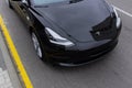 Brest, Belarus, March 03, 2020: Exterior Tesla Model 3 car was photographed in Brest, Belarus. Black modern electro car on the