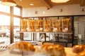 Brest, France 28 May 2018 Modern bakery with different kinds of bread, cakes and buns Royalty Free Stock Photo