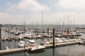 Brest, France 28 May 2018 Panoramic outdoor view of sete marina Many small boats and yachts aligned in the port. Calm water and bl