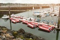 Brest, France 31 May 2018 Panoramic outdoor view of sete marina Many small boats and yachts aligned in the port. Calm water and bl Royalty Free Stock Photo
