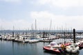Brest, France 28 May 2018 Panoramic outdoor view of sete marina Many small boats and yachts aligned in the port. Calm water and bl Royalty Free Stock Photo