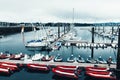Brest, France 31 May 2018 Panoramic outdoor view of sete marina Many small boats and yachts aligned in the port. Calm water and Royalty Free Stock Photo