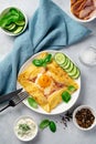 Breton crepe with egg, ham and cheese on a gray background. Royalty Free Stock Photo