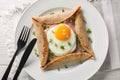 Breton galette, galette sarrasin, buckwheat crepe, with fried egg, cheese, ham closeup on the plate. Horizontal top view