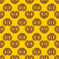 Bretzel pixel art pattern seamless. 8 bit german bakery food pixelated background. Vector texture