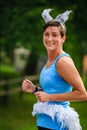 BREVARD, NC-MAY 28, 2016 - Female runner in a white squirrel costume in the White Squirrel Race with over 350 runners in Brevard