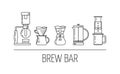 Brew bar. Set vector black line icons of coffee brewing methods. Siphon, pour over, chemex, french press, aeropress. Flat design. Royalty Free Stock Photo