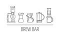 Brew bar. Set of vector black linear icons about coffee brewing methods. Siphon, pour over, french press, aeropress. Flat design.