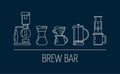 Brew bar. Set of vector white linear icons about coffee brewing methods. Siphon, pour over, french press, aeropress. Flat design.