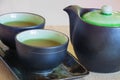 Brewed and healthy Japanese green tea served in traditional hohin and shiboridashi dishes Royalty Free Stock Photo