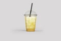 Brewed iced Orange juice with straw in takeaway cup isolated