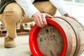 Brewer with beer barrel in brewery Royalty Free Stock Photo