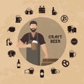 Brewer own brewery with a beer in the hand demonstrating beer near barrels in vector illustration Royalty Free Stock Photo