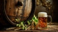 Brewer's Bounty: Still Life with Beer, Barrel, Wheat, and Hops Royalty Free Stock Photo
