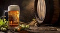 Brewer's Bounty: Still Life with Beer, Barrel, Wheat, and Hops Royalty Free Stock Photo