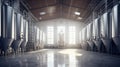 Brewery or alcohol production factory. Large steel fermentation tanks in spacious hall