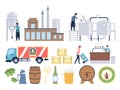 Brewery elements and factory scenes. Flat pub drinks, industrial selection brew. Draft beverage manufacturing and