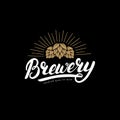 Brewery hand written lettering logo, label, badge template with hop for beer house, bar, pub, brewing company,