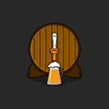 Brewery logo mockup, old wooden barrel with bronze tap and glass mug with foam of beer, front round shape keg view isolated on