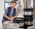 Brewery, man and portrait with tank in factory with confidence, pride and container machine for manufacturing Royalty Free Stock Photo