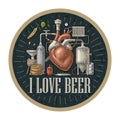 Brewery process on factory beer with tanks, burner, heart engraving