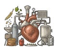 Brewery process on factory beer with tanks, burner, heart engraving