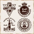 Brewery set of four vector emblems, labels, badges or logos in vintage style on background with removable grunge Royalty Free Stock Photo