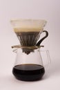 Brewing coffee in a funnel. the hario v60 coffee funnel is on the server. Royalty Free Stock Photo