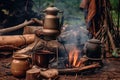 brewing cowboy coffee with rustic camping gear and open flame