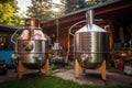 brewing kettle and fermenters in outdoor setting