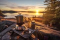 brewing tea with teabags and kettle on camp stove at sunrise