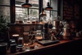 Brews coffee at a coffee shop. Generative AI