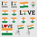 Flag of India. Set of vector Flags. I love India. Royalty Free Stock Photo