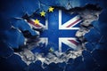 brexit blue european union EU flag on broken wall and half great britain flag Royalty Free Stock Photo