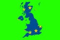 brexit blue european union EU flag on great britain map on chroma key green screen background, vote for united kingdom exit