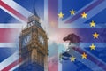 Brexit concept.The clock tower, of the houses of Parliament, Big Ben, With the flags of the Union Jack and the E.U over layered on Royalty Free Stock Photo