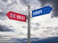 Brexit concept - Euro and Brexit road signs with flags