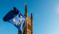 Brexit concept with European union flag juxtapositioned against Victoria tower, Westminster, London, UK