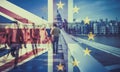 brexit concept double exposure of flag and people walking on Millenium bridge