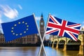 Brexit concept flags of europe and united kingdom and parliament  london big ben in background Royalty Free Stock Photo