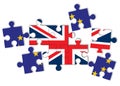 Brexit concept, flags of UK the United Kingdom and EU the European Union as scattered jigsaw puzzle pieces
