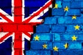 Brexit concept. Flags of United Kingdom and European union on the brick wall with big crack in the middle