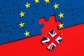 Brexit concept. Missing puzzle piece with Great Britain flag exits the European Union Royalty Free Stock Photo