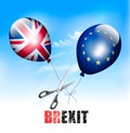 Brexit concept. Scissors cutting EU and UK balloons Royalty Free Stock Photo