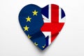 Brexit concept of UK leaving European Union. Union Jack and EU flags form a heart Royalty Free Stock Photo