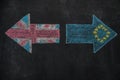 Brexit, flags of the United Kingdom and the European Union on blackboard