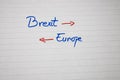 Brexit forward, Europe backward, handwriting text on paper, political message. Political text on office agenda. Concept of