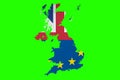 brexit half blue european union EU flag and half uk great britain united kingdom flag on great britain map on chroma key green sc Royalty Free Stock Photo