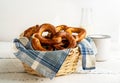 Brezels or pretzels in bread basket with napkin with milk